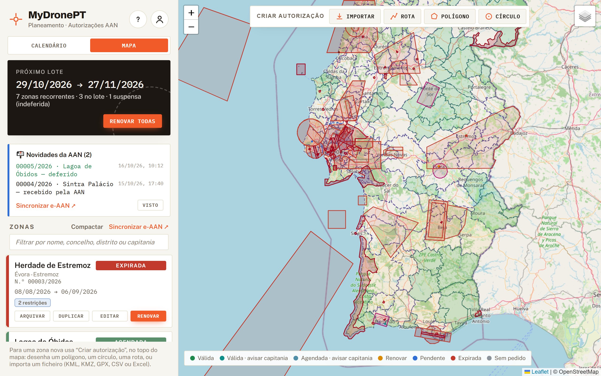A app MyDronePT: painel com o próximo lote e as zonas, mapa de Portugal com as restrições da AAN.