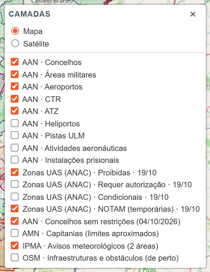 Lista de camadas: Mapa, Satélite, concelhos, áreas militares, aeroportos, CTR, ATZ, heliportos, pistas ULM, atividades aeronáuticas, prisões, zonas UAS, NOTAM, concelhos sem restrições, capitanias, avisos do IPMA e infraestruturas.