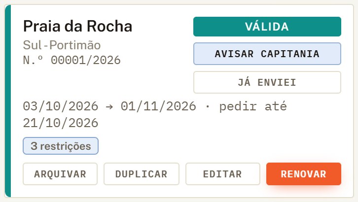 Cartão da zona Praia da Rocha válida, com os botões Avisar capitania e Já enviei.