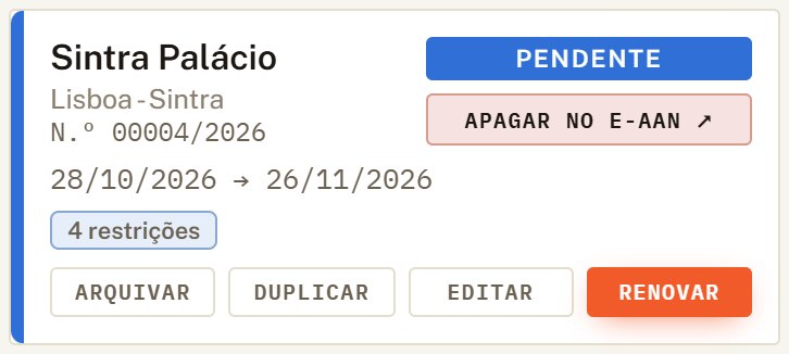 Cartão da zona Sintra Palácio pendente, com o botão Apagar no e-AAN.