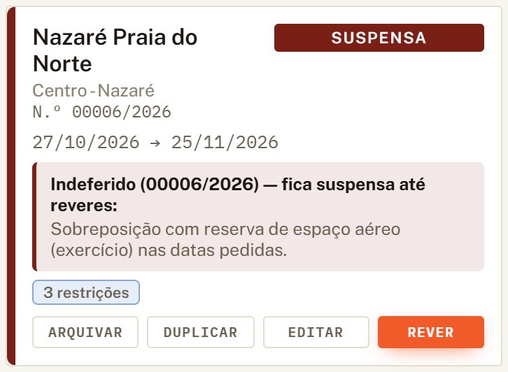 Cartão da zona Nazaré suspensa, com o motivo do indeferimento e o botão Rever.