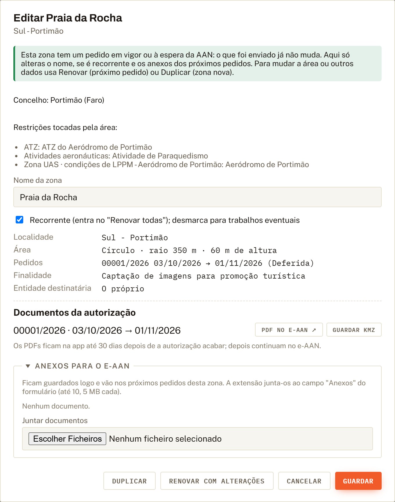 Ficha Editar Praia da Rocha com pedido em vigor: só o nome, recorrente e anexos se podem mudar.