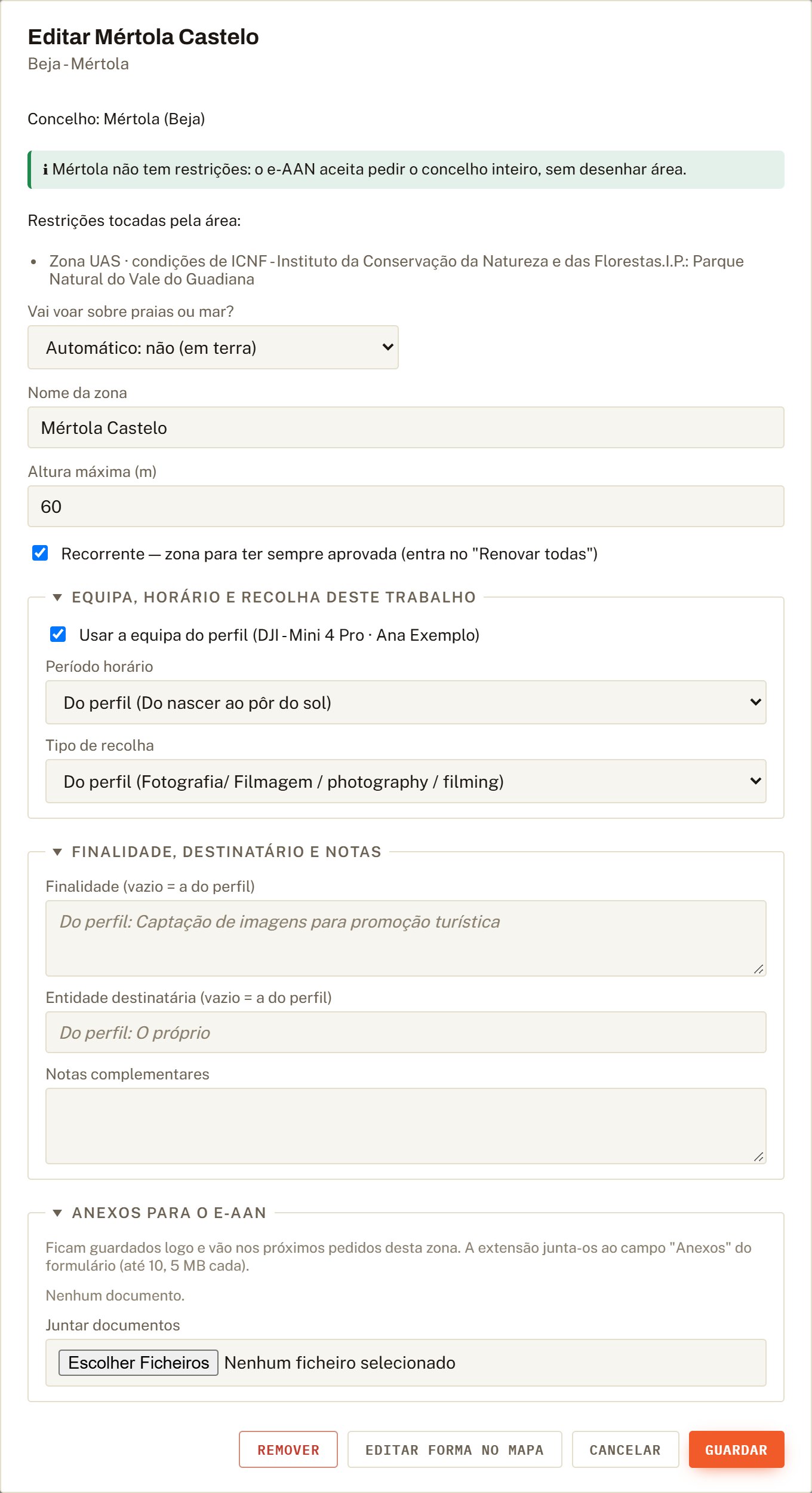Ficha Editar Mértola Castelo com todos os campos editáveis.