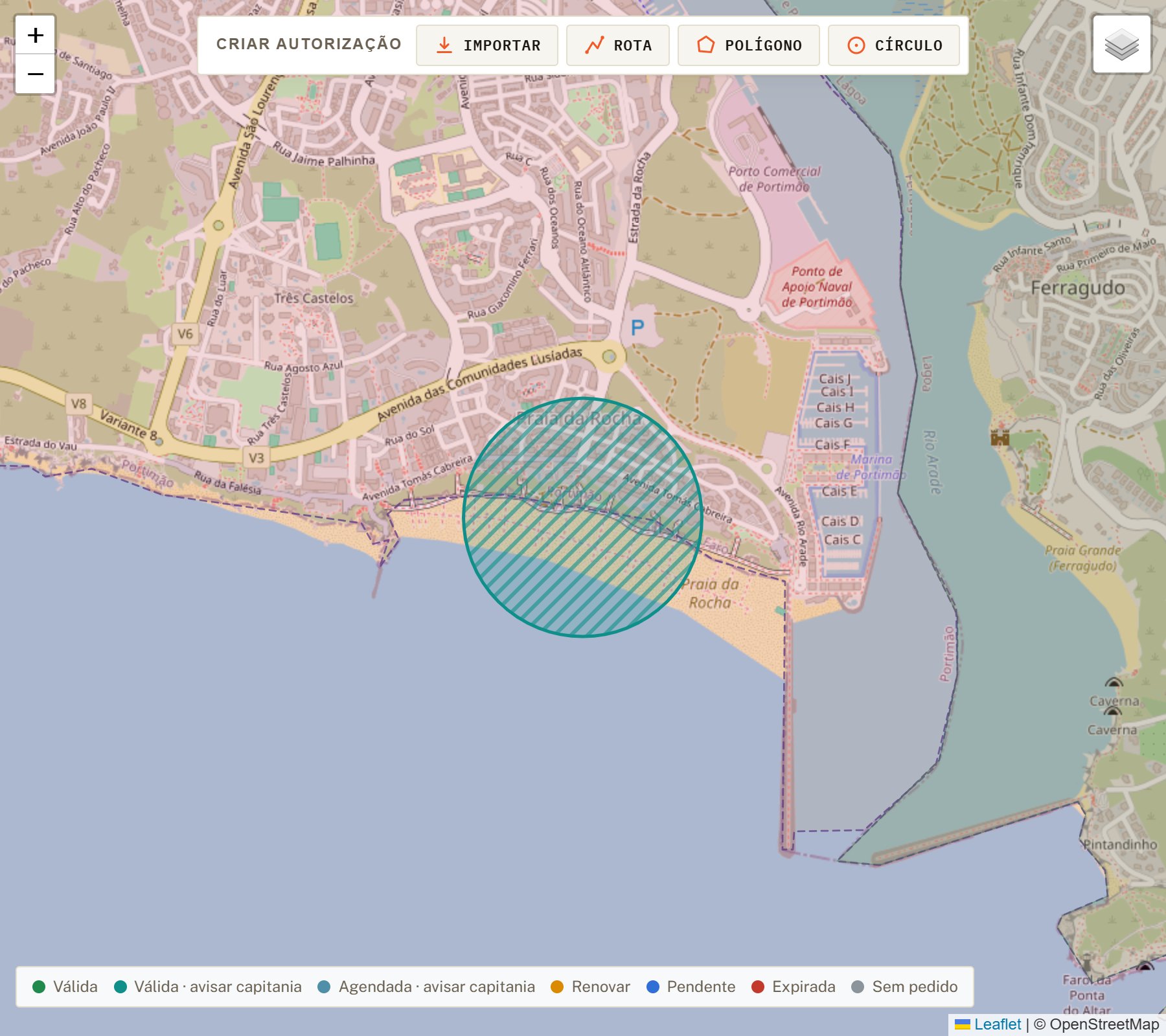 Mapa centrado na zona Praia da Rocha, um círculo verde-azulado sobre a praia.