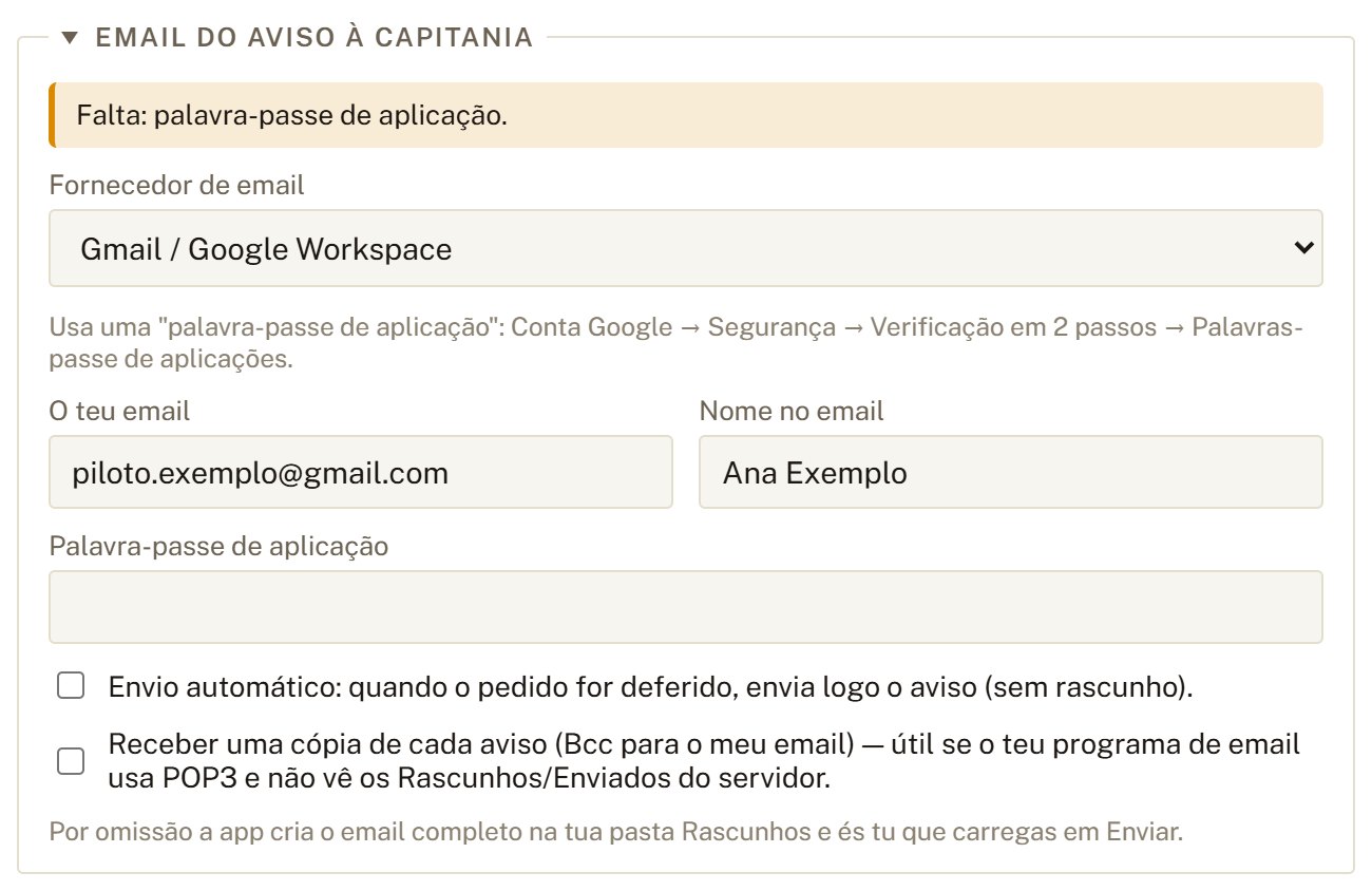Secção Email do aviso à capitania.