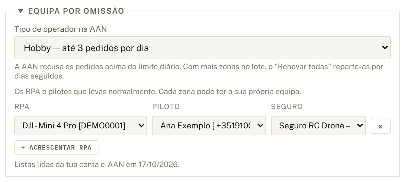 Secção Equipa por omissão com um RPA, piloto e seguro.
