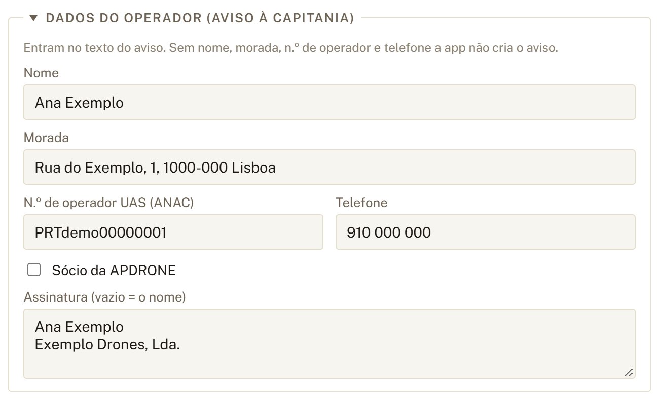 Secção Dados do operador.