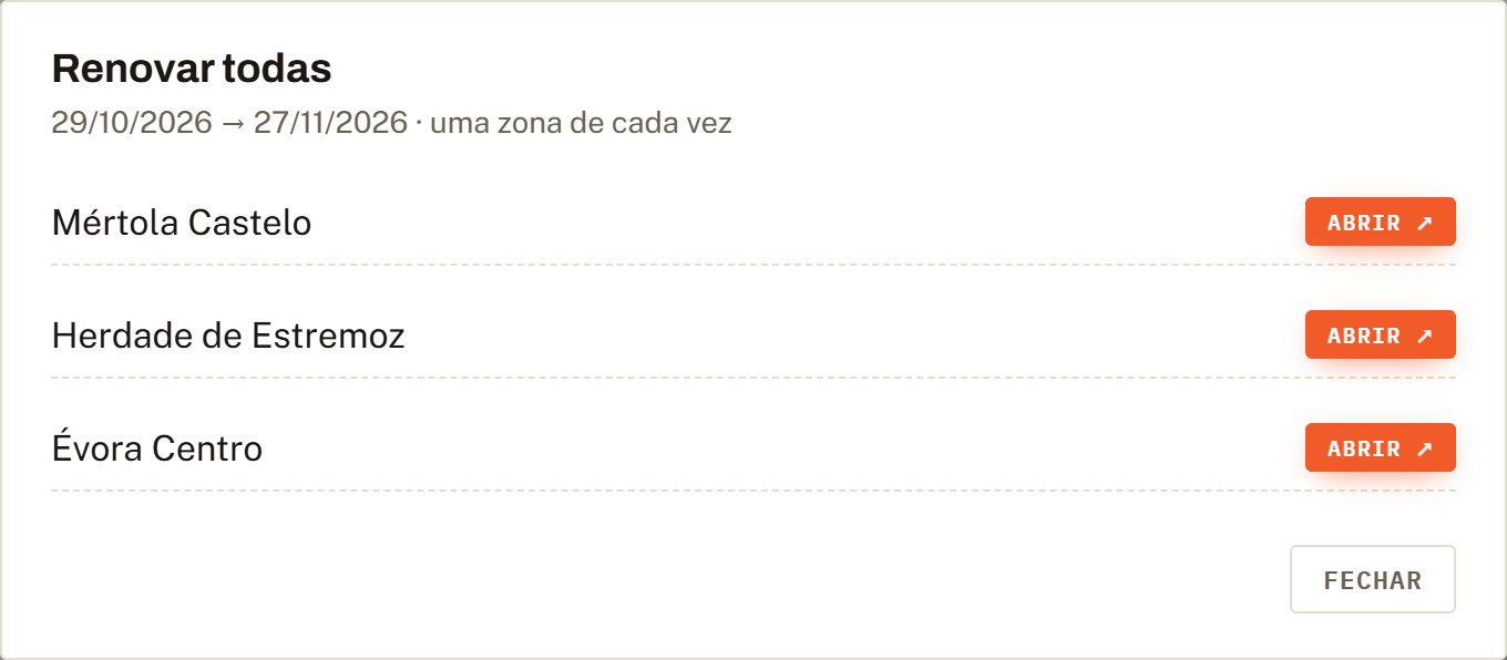 Diálogo Renovar todas com três zonas e um botão Abrir em cada.